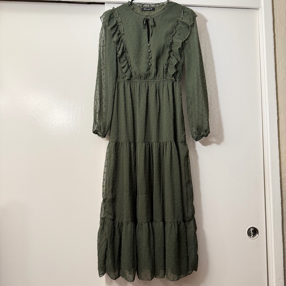 Olive Green Boho Long Sleeve Tiered Dress with Ruffles